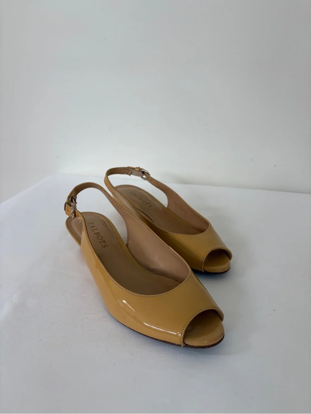 Talbots Mustard Yellow Patent Peep-Toe Slingback Wedge Leather